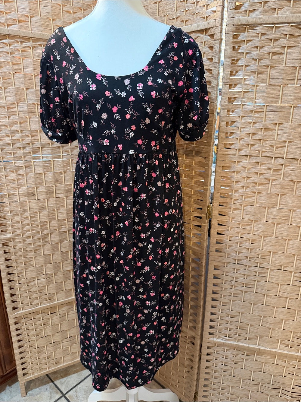 Hand Crafted Black Midi Dress with Pink Floral Pattern